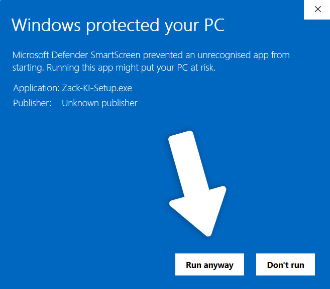 The same warning after “More info”: app Zack-KI-Setup.exe, unknown publisher, and the “Run anyway” button below.